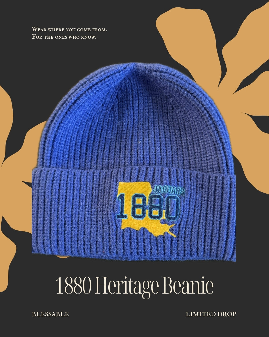 1880 Royal Blue & Gold Knit Beanie — editorial product photo