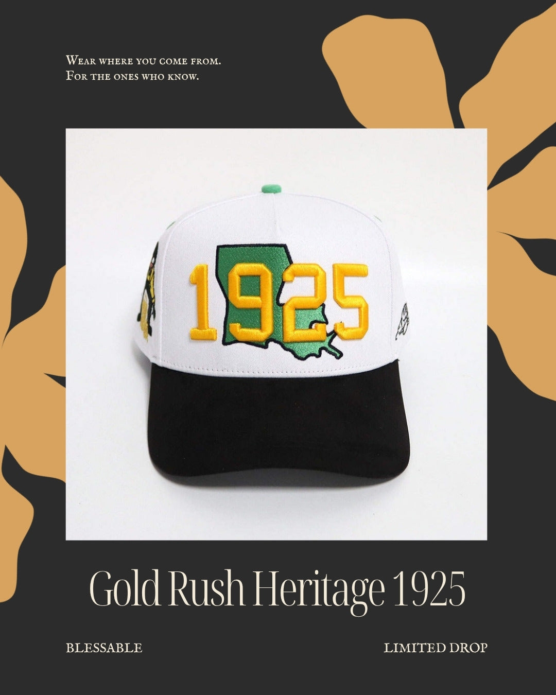 Gold Rush Heritage 1925 snapback — editorial product photo on dark textured background